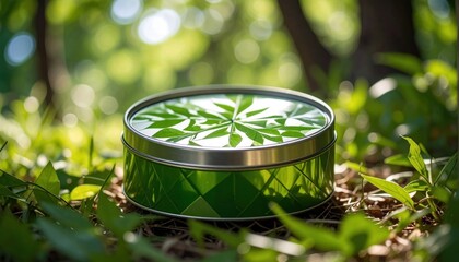 Green Leaf Patterned Tin Container on Forest Floor Surrounded by Nature