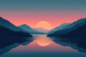 Fototapeta premium sunrise lake vector flat minimalistic isolated illustration, Flat design of a serene lake at sunrise, showcasing a minimalistic style with gentle hues and clean lines