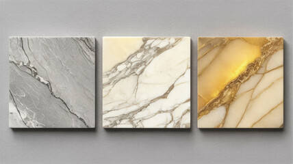 A product photography layout of three marble tile samples arranged horizontally on a light gray background.