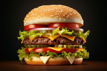 Tasty burger with lettuce, tomato, onion, pickles, cheese, and patty on a sesame seed bun