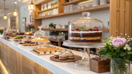 Fototapeta premium Sweet Bean Dessert Display at Modern Café Counter—Asian-Inspired Treats in Cozy Setting