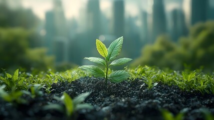 A young plant thriving in an urban environment symbolizing sustainability and eco friendly industry  long title A small lush green plant growing