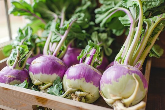 Vibrant purple and green kohlrabi bulbs, freshly harvested and displayed in a rustic wooden crate, ready for market