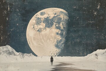 Surrealist collage with lone figure and oversized moon, A surreal collage depicting a lone figure standing under a massive moon, creating an otherworldly atmosphere