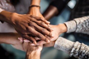 Diverse hands stacked to symbolize commitment and teamwork in a professional studio setting.