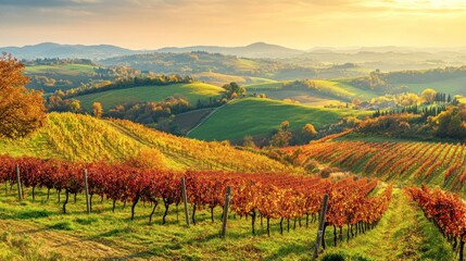 Fototapeta premium Autumn vineyard landscape at sunrise
