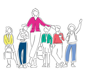 hand drawn line art vector of school kids standing together. Togetherness. Elementary kids.Back to school art. Importance of a Teacher bonding with kids.
