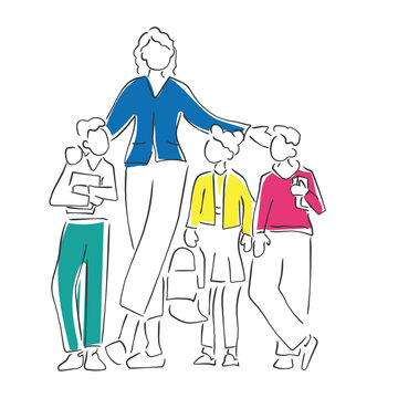 teacher with students, line art clip art preview