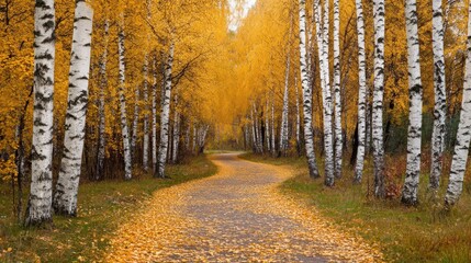 Obraz premium Autumnal birch forest pathway