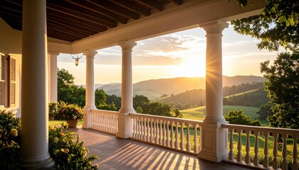 Serene Sunset View from a Porch Overlooking Rolling Hills Landscape