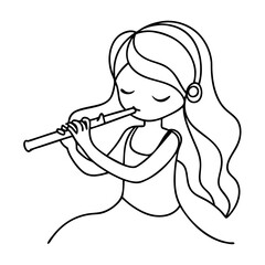 Obraz premium Girl playing flute. Line art illustration of young girl with long hair playing transverse flute. Charming character design perfect for music school brochures, posters, and websites.