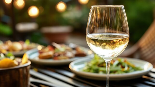 Golden wine sparkling at a garden party dinner summer evening with bokeh lights