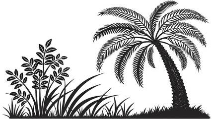 A stylized palm tree silhouette stands beside low shrubs and grasses against a stark, dark backdrop, transparent background