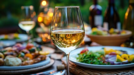 Evening gathering with wine under soft golden light in a clear glass goblet