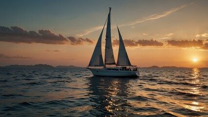 A sailing boat gently floating on the sparkling sea during sunset