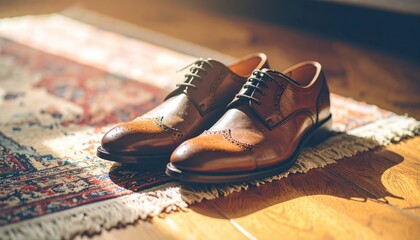 Stylish Brown Oxford Shoes on Vintage Carpet in Sunlight