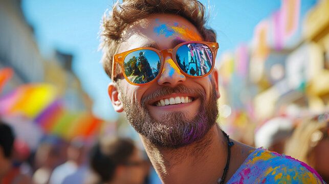 Close up of man with sunglasses and face paint enjoying cultural street festival, festive flags in background.
