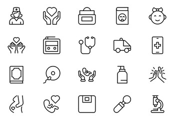 Nursing home outline icon set with elderly care, disabled, nurse, emergency, medical, hospital, responsibility and caring.