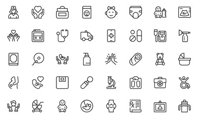 Nursing home outline icon set with elderly care, disabled, nurse, emergency, medical, hospital, responsibility and caring.