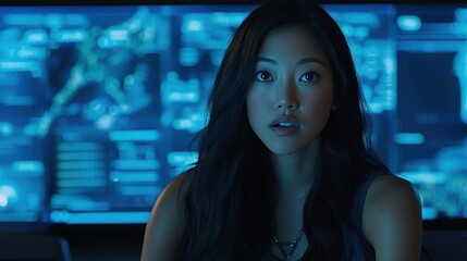 Technology Expert in Dark Environment with Data Display Background