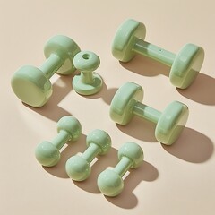 Pastel colored dumbbells of varying sizes arranged on a neutral beige background still life