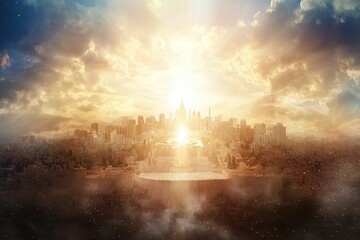 The heavenly new jerusalem a promise for god people. concept hope, promise, new jerusalem, god people highlighted by white, Artistic depiction of the New Jerusalem, representing hope  