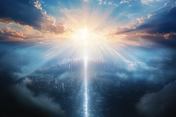 The heavenly new jerusalem a promise for god people. concept hope, promise, new jerusalem, god people highlighted by white, Artistic depiction of the New Jerusalem, representing hope 
