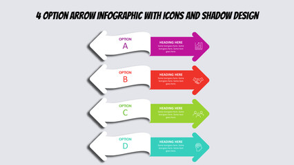 4 Option Arrow Infographic with Icons and Shadow Design. Fully editable vector SVG file compatible with PowerPoint, Illustrator, and most vector-based applications.