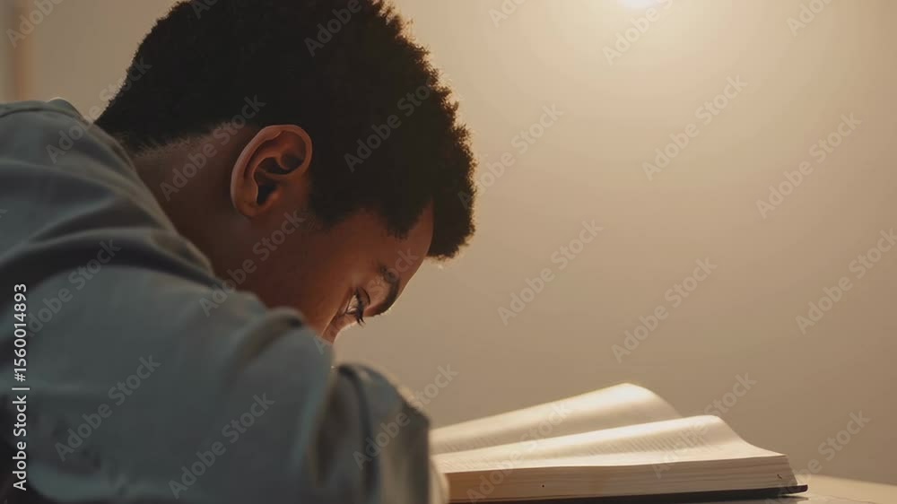Poster exhausted young student struggling to stay awake while studying a large textbook at a desk in soft l