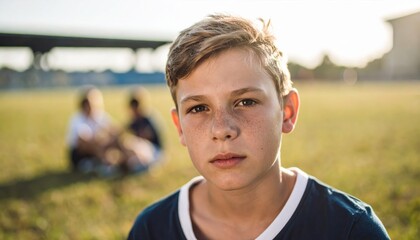 Young Boy in Focus with Friends Blurred in Background at Sunset