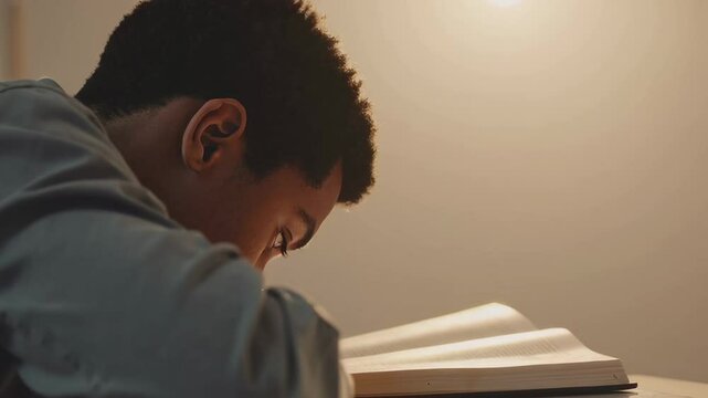 Exhausted young student struggling to stay awake while studying a large textbook at a desk in soft lamp light, his head slowly lowering towards the pages - Powered by Adobe