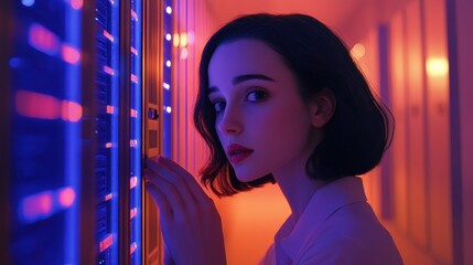 Young Woman Curiously Observing Server Racks in Modern Data Center