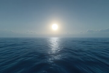 Obraz premium The ocean is calm and the sun is setting, creating a beautiful and serene atmosphere, The sun sets over a peaceful ocean, casting warm colors across the sky and water, evoking a sense of tranquility