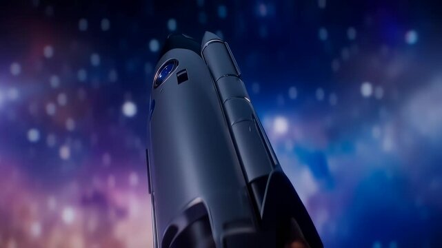 Silver Rocket Ascends Through Nebula with Sparks