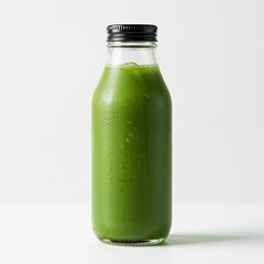Iced matcha drink in glass bottle on white background  