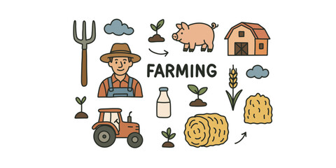 farming elements in doodle style vector illustration