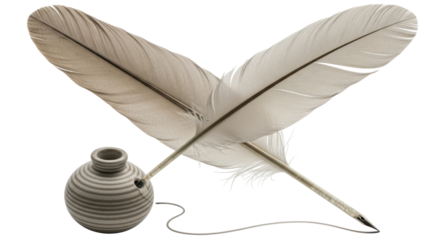 Isolated Feather Quill and Inkwell