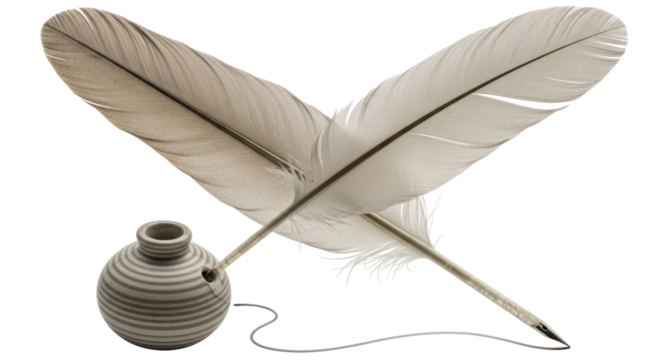 Isolated Feather Quill and Inkwell