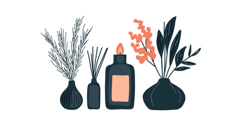 set of vases with flowers and aroma candles vector illustration