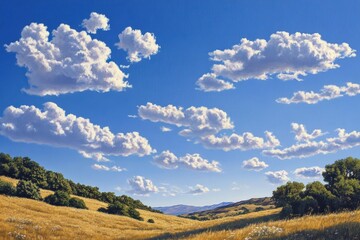 The sky is blue with a few clouds scattered throughout, A bright blue sky dotted with a few fluffy white clouds