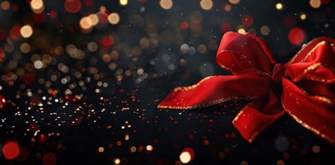 Luxurious holiday composition featuring a vibrant red ribbon with shimmering bokeh