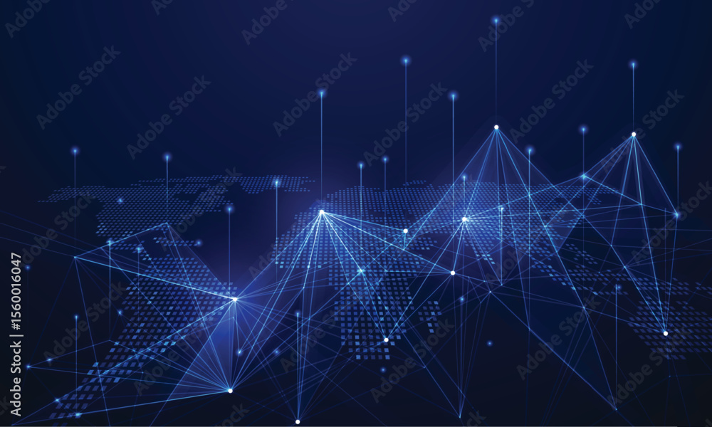 Poster digital world map with glowing nodes and lines connecting across continents, representing global com