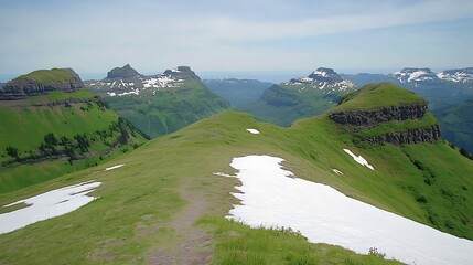 Picturesque panoramic view of grassy mountains with lingering snow patches in summer