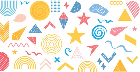 colorful collection of hand-drawn geometric shapes and symbols on a white background. Includes stars, triangles, spirals, arrows, rainbows, and waves in a fun, abstract, and whimsical style.