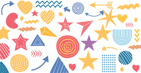colorful collection of hand-drawn geometric shapes and symbols on a white background. Includes stars, triangles, spirals, arrows, rainbows, and waves in a fun, abstract, and whimsical style.