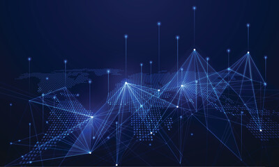 digital world map with glowing nodes and lines connecting across continents, representing global communication, data exchange, and network systems.