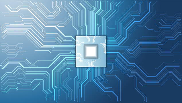 illustration of a microchip processor connected with a digital circuit board, symbolizing technology, computing, electronics, and digital innovation.