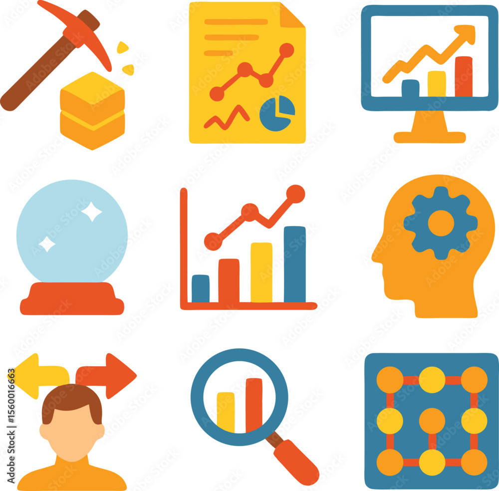 Poster data analysis mining strategy planning icons charts graphs pickaxe crystal ball gear head decision p