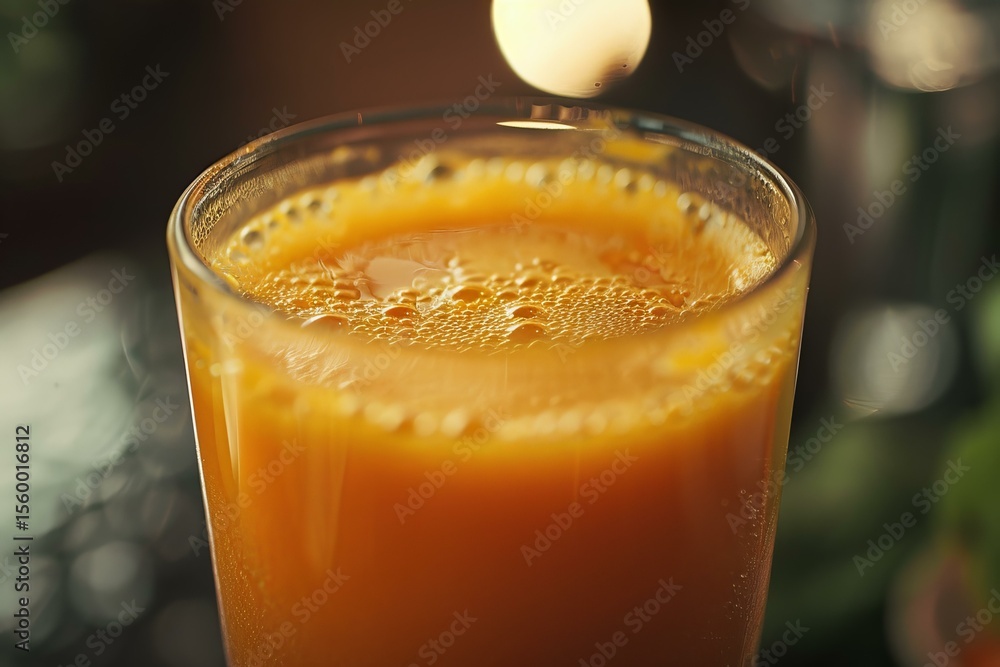 Aufkleber close up of a glass of pulpy orange juice with bubbles, creating a refreshing and thirst quenching i