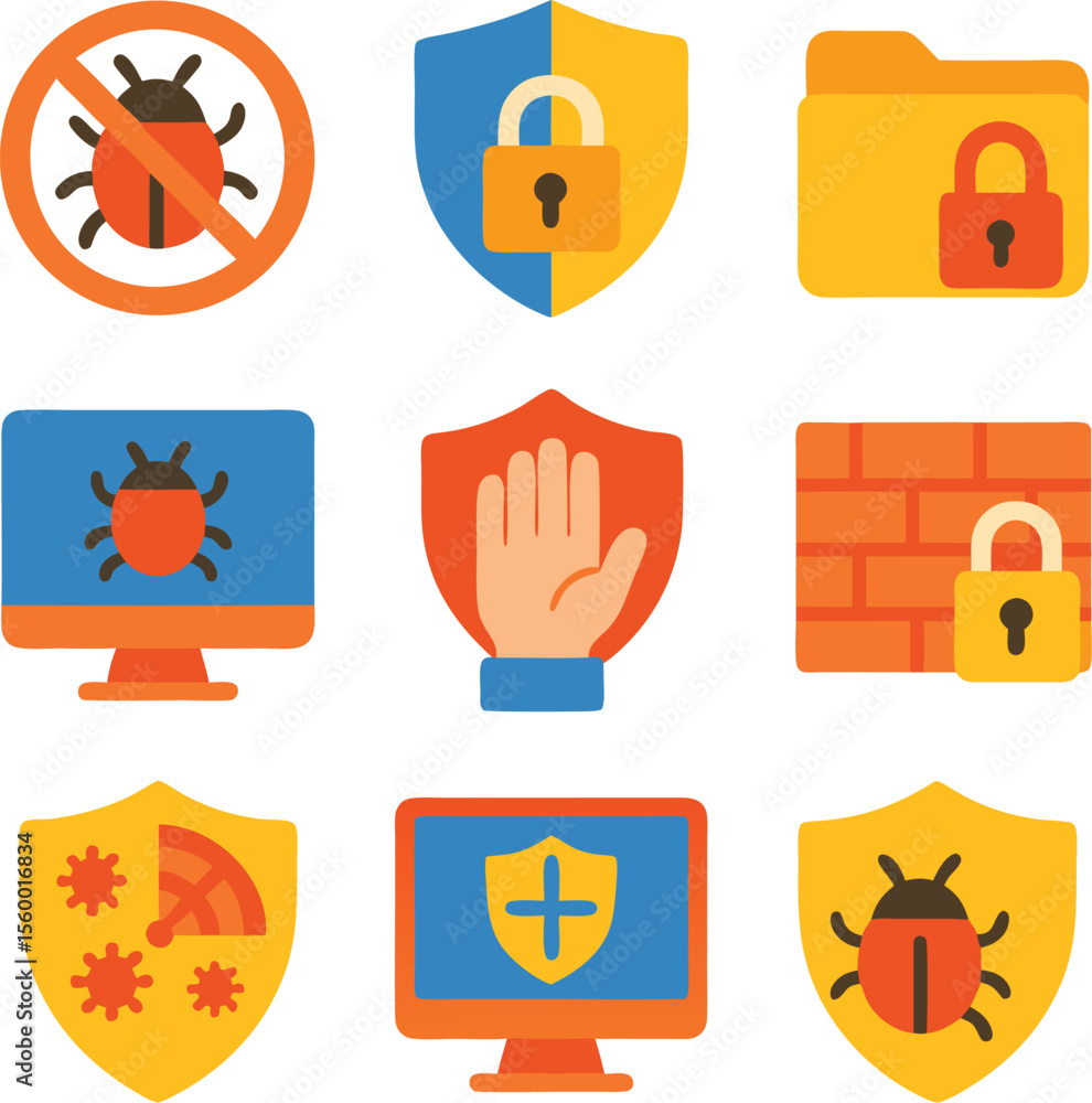 Poster cybersecurity data protection icons digital security virus protection firewall encryption and privac
